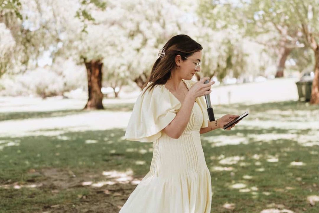 Celebrant Cel - speaking at outdoor ceremony Celebrant_Cel Hero